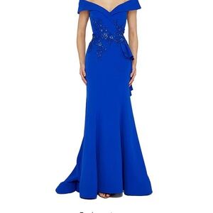 Terani Couture Off-Shoulder Royal Blue Embellished Maxi Gown